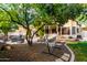Secluded backyard with mature trees, rock landscaping, and comfortable lounge seating at 7029 E Monte Cir, Mesa, AZ 85209