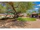 Landscaped backyard with mature trees, artificial turf, and outdoor structures at 7102 E Kalil Dr, Scottsdale, AZ 85254