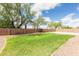 Well-maintained backyard with lush lawn, mature trees, stone perimeter and block wall at 11419 E Ellis St, Mesa, AZ 85207