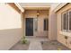 Front door with security, desert landscaping, and a decorative hanging light fixture at 2183 W Hawken Way, Chandler, AZ 85286