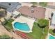 Aerial shot of a lovely home with a sparkling pool and well-maintained lawn, offering a private oasis at 7049 E Latham St, Scottsdale, AZ 85257