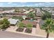 Overhead view showcasing a backyard pool and lush surroundings, set against a backdrop of the city skyline at 7049 E Latham St, Scottsdale, AZ 85257
