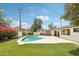 This backyard boasts a refreshing pool, complemented by manicured artificial turf and colorful blooming shrubs at 7049 E Latham St, Scottsdale, AZ 85257