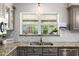 Kitchen sink with granite countertop and mosaic tile backsplash, plus a view of the backyard at 253 N Fraser Dr, Mesa, AZ 85203