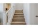 Stylish wood staircase with white railings and step lighting leading upwards at 644 N Vine St, Chandler, AZ 85225