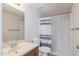 Bathroom features a shower, vanity, and toilet, with a modern shower curtain at 925 S Longmore -- # 201, Mesa, AZ 85202