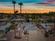 Charming single-story home boasts a well-manicured lawn, a driveway, and picturesque palm trees at sunset at 9654 E Foster Ave, Sun Lakes, AZ 85248