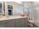 Powder room with a large mirror, light grey cabinets, and an interior view at 10207 W Hedge Hog Pl, Peoria, AZ 85383