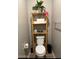 Neutral bathroom featuring a storage shelf above the toilet with toiletries and decorations at 1418 E Jacqueline Pl, Casa Grande, AZ 85122