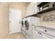 A modern laundry room with granite countertops, ample storage cabinets, and high-efficiency washer and dryer units at 1963 E Monterey St, Chandler, AZ 85225