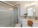 Modern bathroom featuring a shower, vanity with framed mirror, and decor at 3118 S Los Altos Dr, Mesa, AZ 85202