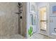Bathroom featuring tiled shower, blue accent wall, and whimsical desert-themed decorations at 6249 E Camelot Dr, Mesa, AZ 85215
