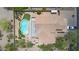 Overhead shot of the property featuring the private backyard with pool, patio, and lush landscaping at 1365 N Drexel St, Mesa, AZ 85207