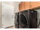Laundry room featuring a black washer and dryer unit with wood cabinets and a back door at 31219 N 6Th Pl, Phoenix, AZ 85085