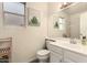 Bright bathroom featuring a white vanity, framed mirror and decorative wall art at 7826 W Mcrae Way, Glendale, AZ 85308