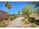 Scenic community path leading to a gazebo by the lake, lined with lush landscaping and mature palm trees at 8628 W Maui Ln, Peoria, AZ 85381