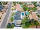 Aerial view of the property showcasing the pool, patio area, and manicured lawn at 5937 E Corrine Dr, Scottsdale, AZ 85254