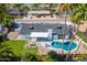 Aerial view showcasing a backyard with a pool, outdoor seating, and well-maintained landscaping at 5937 E Corrine Dr, Scottsdale, AZ 85254