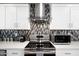 Modern kitchen with stainless steel appliances, white cabinetry and decorative backsplash at 8750 E Starlight Way, Scottsdale, AZ 85250