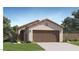 Tan single-story home featuring a symmetrical facade, brown garage door, and desert landscaping at 12142 E Sunflower Ln, Florence, AZ 85132