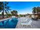 Backyard pool surrounded by lounge chairs, outdoor dining, landscaping and Mountain Views at 13620 N 80Th Pl, Scottsdale, AZ 85260