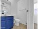 Stylish bathroom with a modern blue vanity, white toilet, and a well-lit mirror at 4416 E Riverside St, Phoenix, AZ 85040