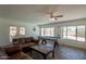 Open living room with wood floors, large windows with pool view, sofa, coffee table and pool table at 310 E Fremont Dr, Tempe, AZ 85282