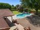 An aerial view of a private pool with waterfall feature and well maintained landscaping at 3357 N Ashbrook E St, Mesa, AZ 85213