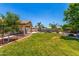 Large backyard with a pool, covered patio, manicured lawn, and mature trees, providing ample space for recreation at 3619 E Thornton Ave, Gilbert, AZ 85297