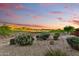 Scenic golf course view with lush greenery, mature trees and pink and purple sky at 8139 E Club Village Dr, Gold Canyon, AZ 85118
