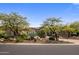 Beautiful desert landscaping with mature trees in front of this home, providing privacy and curb appeal at 10511 E Skinner Dr, Scottsdale, AZ 85262