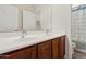 Bathroom with double sinks and a decorative shower curtain at 11142 E Ravenna Ave, Mesa, AZ 85212