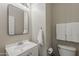 This powder room features a white vanity, modern mirror, and clean, neutral decor at 1482 S Banning St, Gilbert, AZ 85296