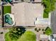 Aerial view showcasing a private backyard with a pool, patio, lush lawn, and mature trees at 18045 W Rimrock St, Surprise, AZ 85388