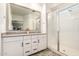 Well-lit bathroom featuring a double vanity, a walk-in shower, and large mirror at 9624 E Thunderbolt Ave, Mesa, AZ 85212
