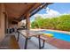 Charming backyard patio featuring a dining table and seating, perfect for entertaining by the pool at 16609 N 40Th Dr, Phoenix, AZ 85053