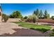 Landscaped backyard with gravel, grass, block fence and mature trees and plants at 2226 N Gentry --, Mesa, AZ 85213