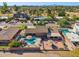 Aerial view of a private backyard with a sparkling pool, patio, a fire pit and lush landscaping in a residential neighborhood at 2847 S Bala Dr, Tempe, AZ 85282