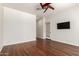 Bedroom featuring wood floors, ceiling fan, recessed lighting, and a patio exit at 4332 S Oregon Ct, Chandler, AZ 85248