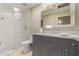 Bathroom vanity with quartz countertops, gray cabinets, a mirror and a walk-in shower at 13041 S 45Th Pl, Phoenix, AZ 85044