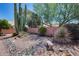 Picturesque backyard showcasing desert landscaping, a stone bench and various cacti at 17317 N Ponca Way, Surprise, AZ 85374
