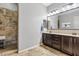 Stylish bathroom features a tile shower, granite vanity, and modern light fixtures at 19748 E Walnut Rd, Queen Creek, AZ 85142
