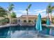 A backyard swimming pool has a rock waterfall feature and tropical landscaping at 19748 E Walnut Rd, Queen Creek, AZ 85142