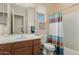 Bathroom showcasing a vanity, toilet, shower with curtains, and stylish decor at 20655 N 273Rd Ave, Buckeye, AZ 85396