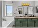 Bright bathroom with a double vanity, granite counters, olive cabinets, a window, and tub/shower combo at 25409 N 40Th Ln, Phoenix, AZ 85083