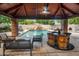 Luxury pool area with covered patio, outdoor seating, waterfall feature, and mature landscaping at 8219 S Pecan Grove Cir, Tempe, AZ 85284