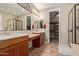 Bathroom featuring double sinks, vanity, and walk-in shower, and walk-in closet at 157 W Leatherwood Ave, San Tan Valley, AZ 85140
