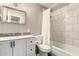 Clean bathroom features white vanity with drawers, framed mirror, and shower-tub combo at 2210 E Birchwood Ave, Mesa, AZ 85204