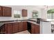 Kitchen featuring wood cabinetry, stainless steel sink, and views to the backyard at 336 N 168Th Dr, Goodyear, AZ 85338