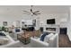 Open-concept living room featuring a fireplace, luxury furniture, and an adjacent modern kitchen at 1410 S Los Altos Dr, Chandler, AZ 85286